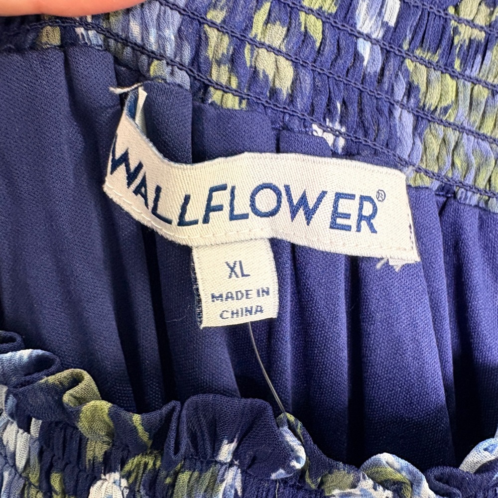 Wallflower Floral Mini Dress Womens XL Blue NWT Smocked Long Sleeve Belted - Picture 3 of 6